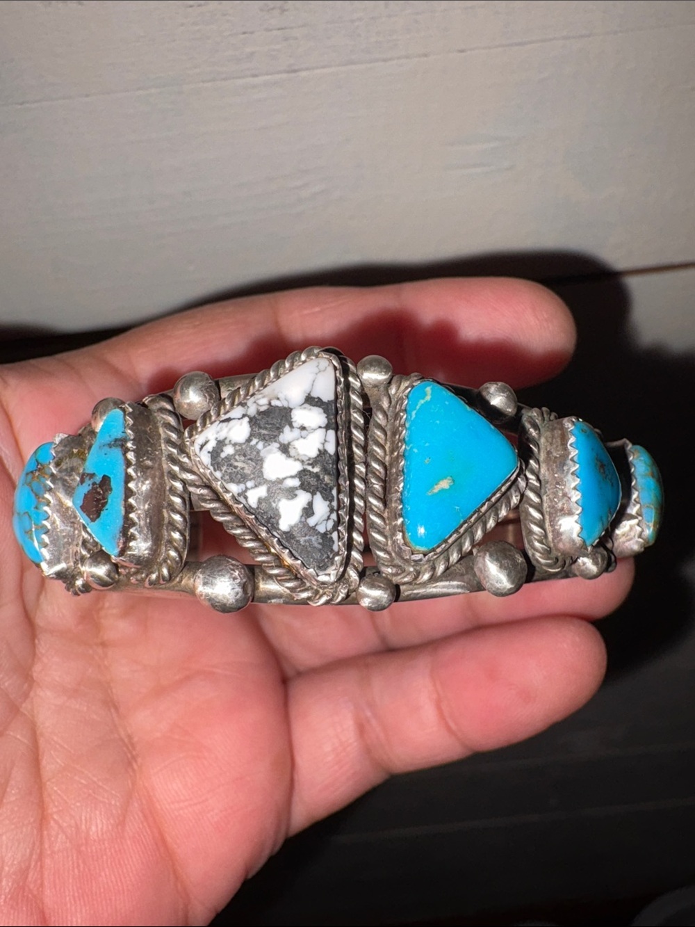 Silver 925 Cuff Bracelet with Turquoise and White Buffalo Accents
